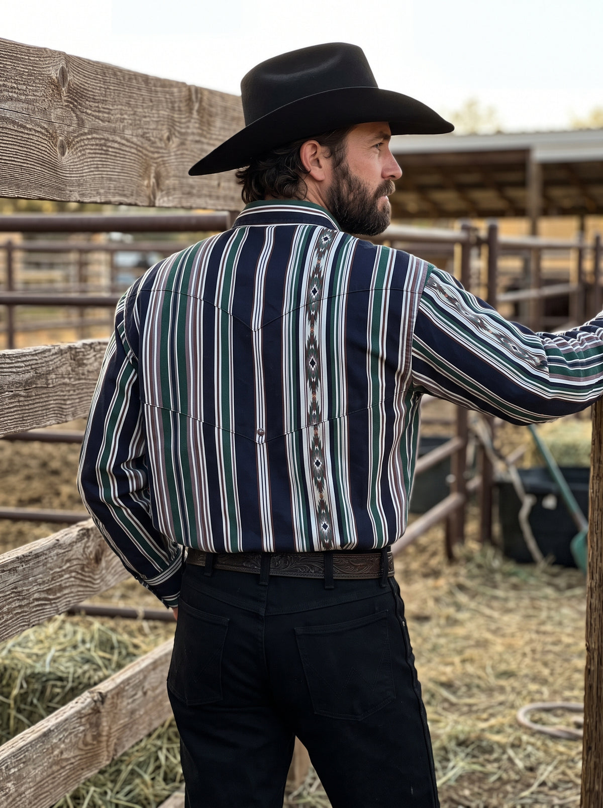 Men's Pine Green Southwestern Stripe Pearl Snap Western Shirt