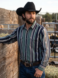 Men's Pine Green Southwestern Stripe Pearl Snap Western Shirt