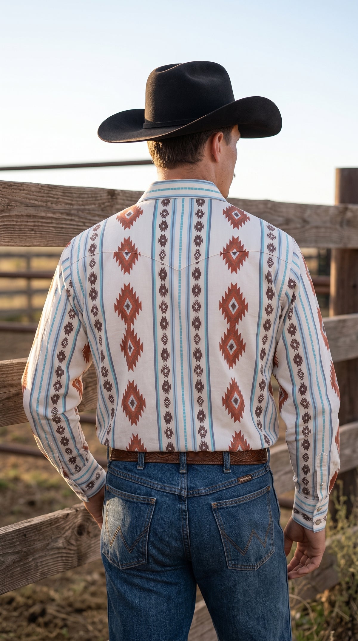 Men's Cream Rust Southwestern Geometric Pearl Snap Western Shirt