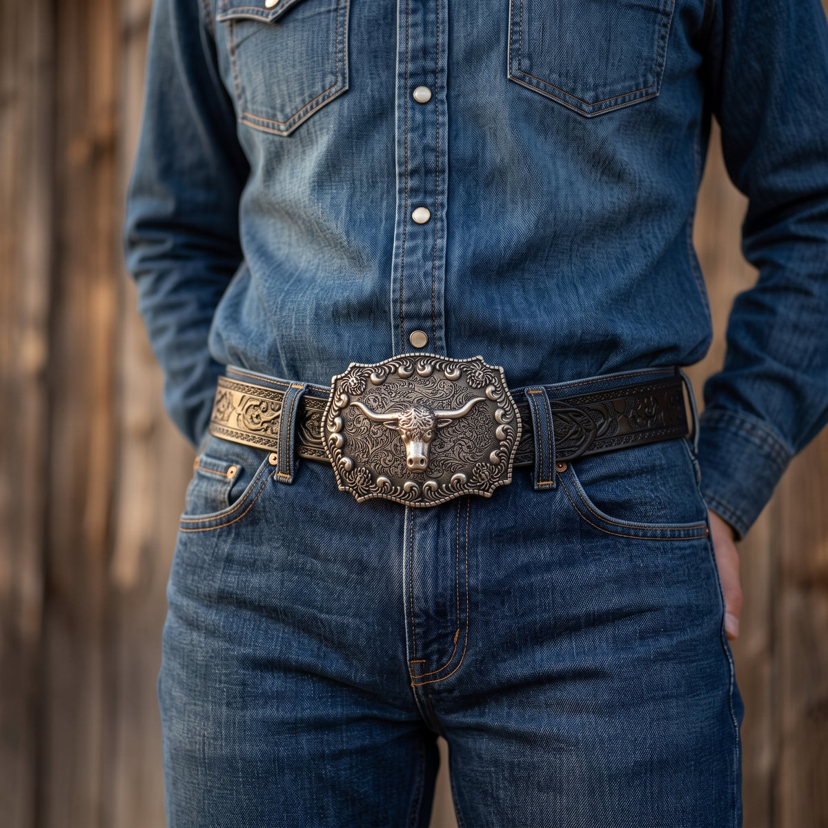 Floral Tooled Leather Longhorn Trophy Buckle Western Belt