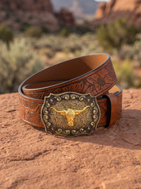 Tan Embossed Leather Gold Longhorn Trophy Western Belt