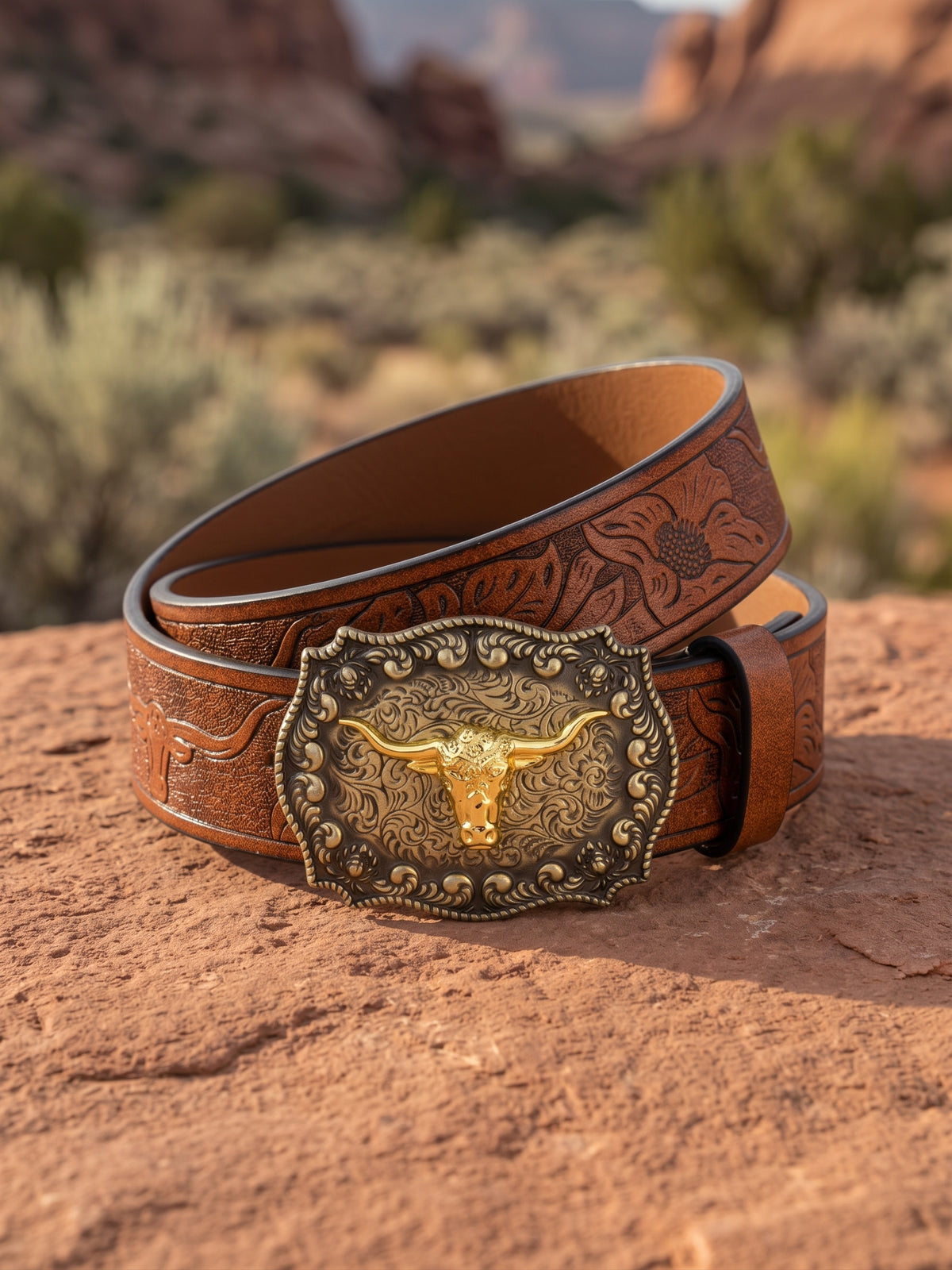 Tan Embossed Leather Gold Longhorn Trophy Western Belt