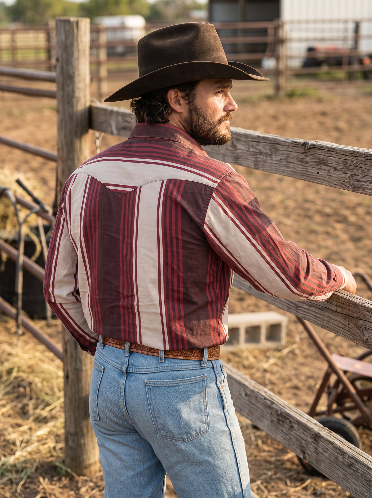 Men's Burgundy and Cream Striped Pearl Snap Western Shirt