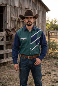 Men's Green Navy Colorblock Pearl Snap Western Shirt