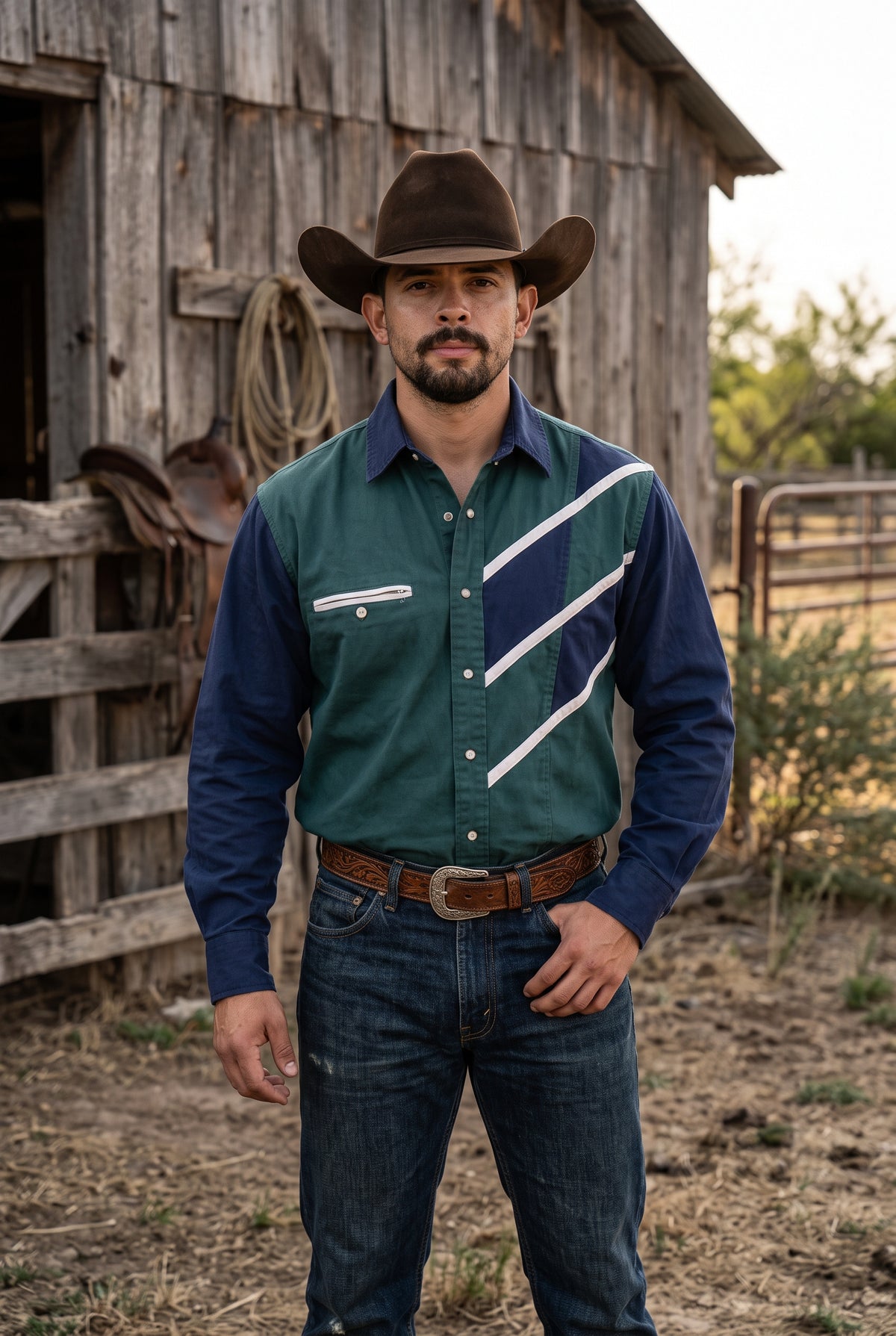 Men's Green Navy Colorblock Pearl Snap Western Shirt
