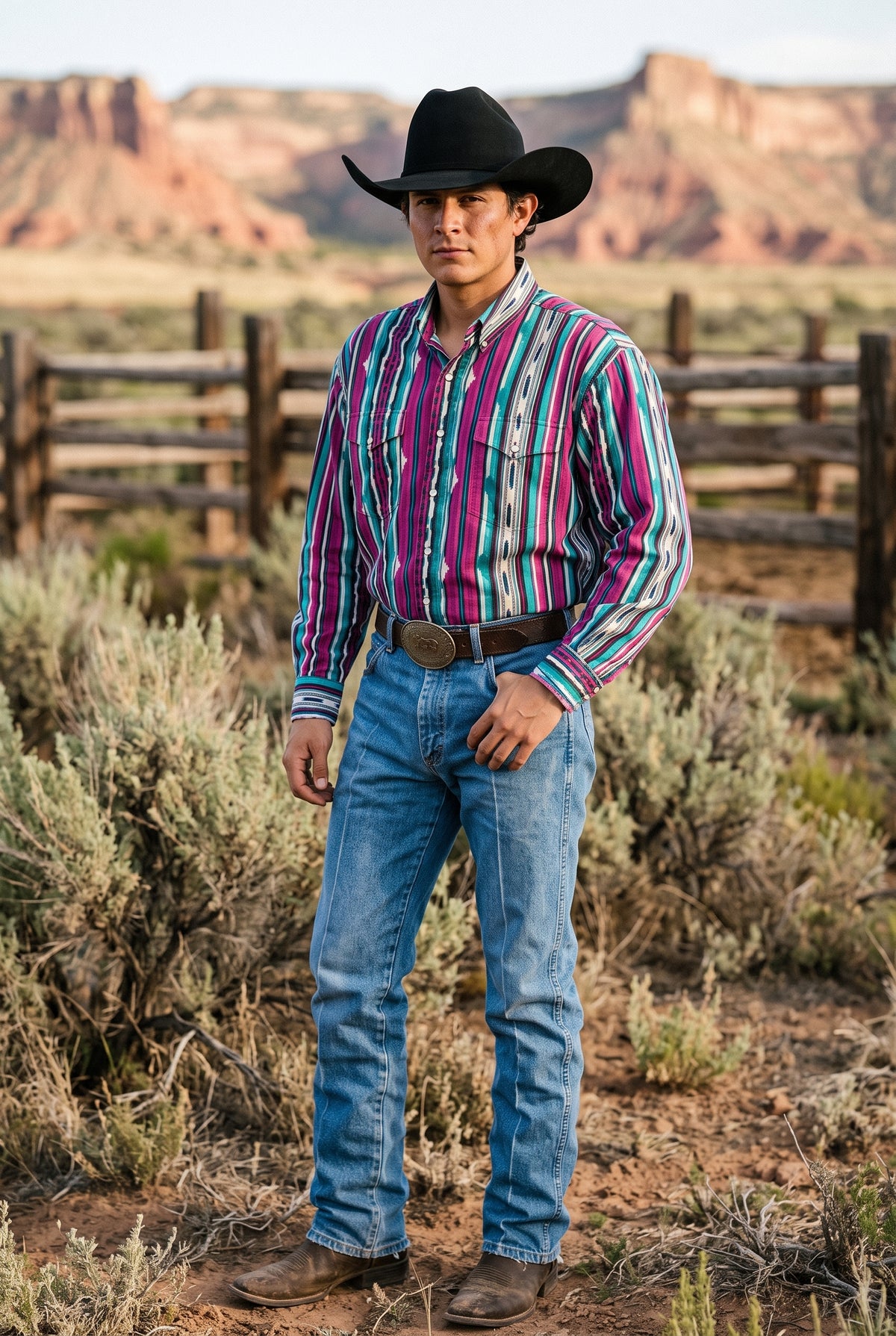 Men's Teal Magenta Southwestern Stripe Pearl Snap Western Shirt