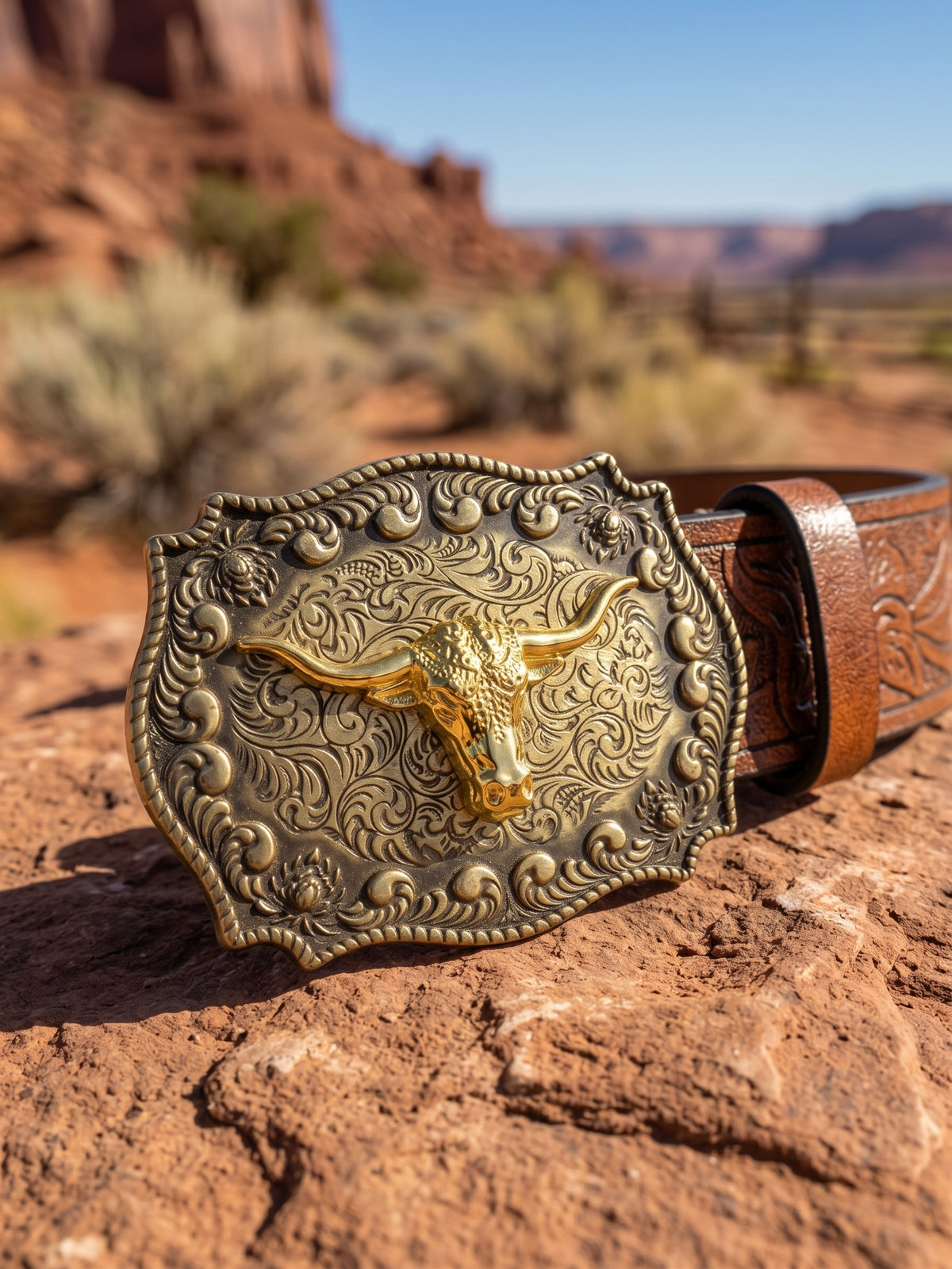 Tan Embossed Leather Gold Longhorn Trophy Western Belt