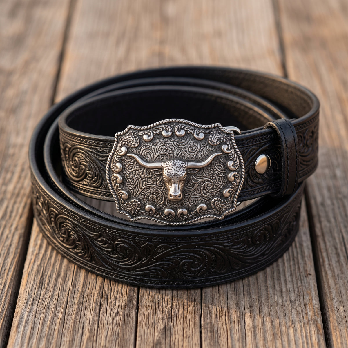 Floral Tooled Leather Longhorn Trophy Buckle Western Belt