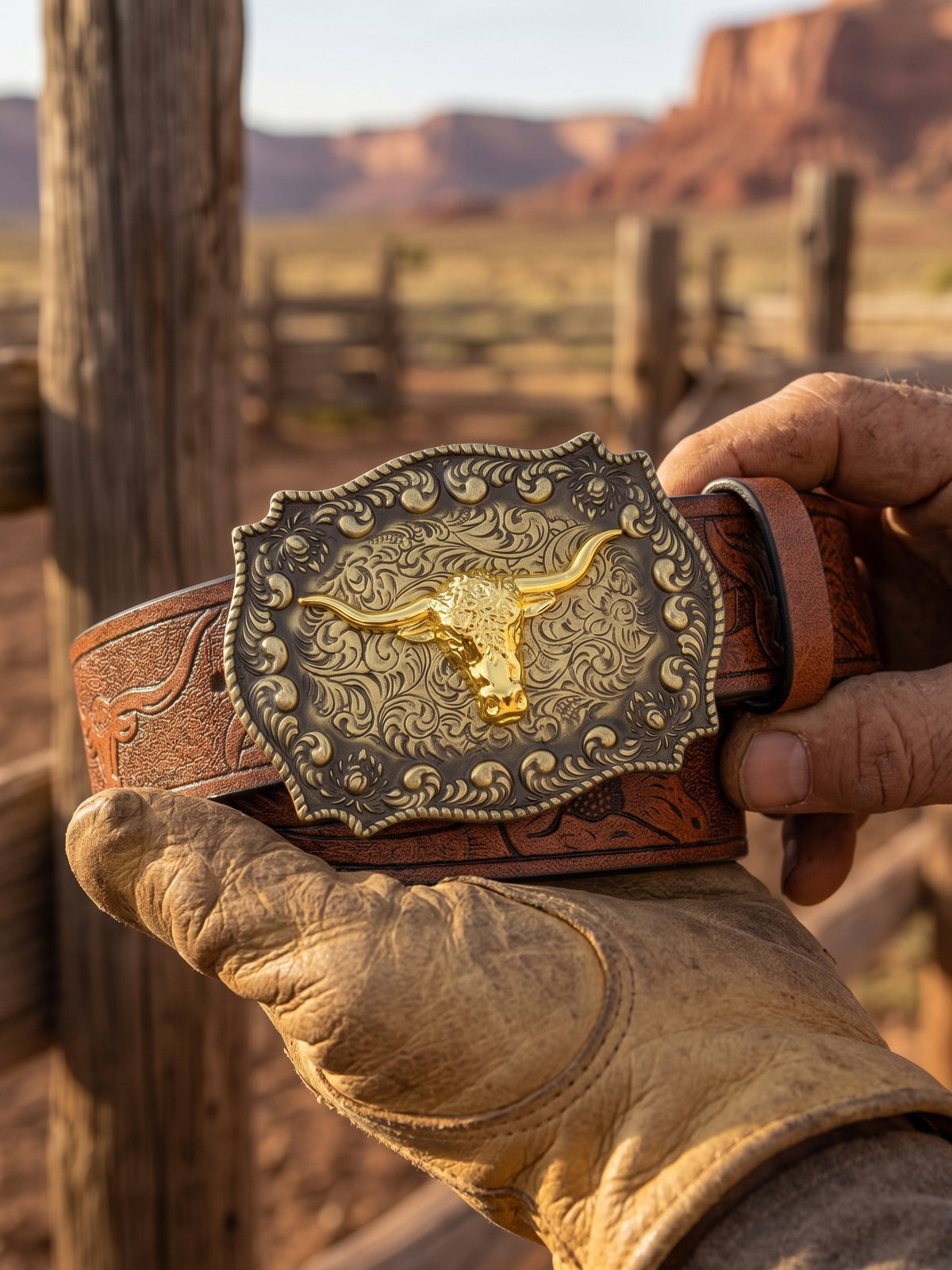 Tan Embossed Leather Gold Longhorn Trophy Western Belt