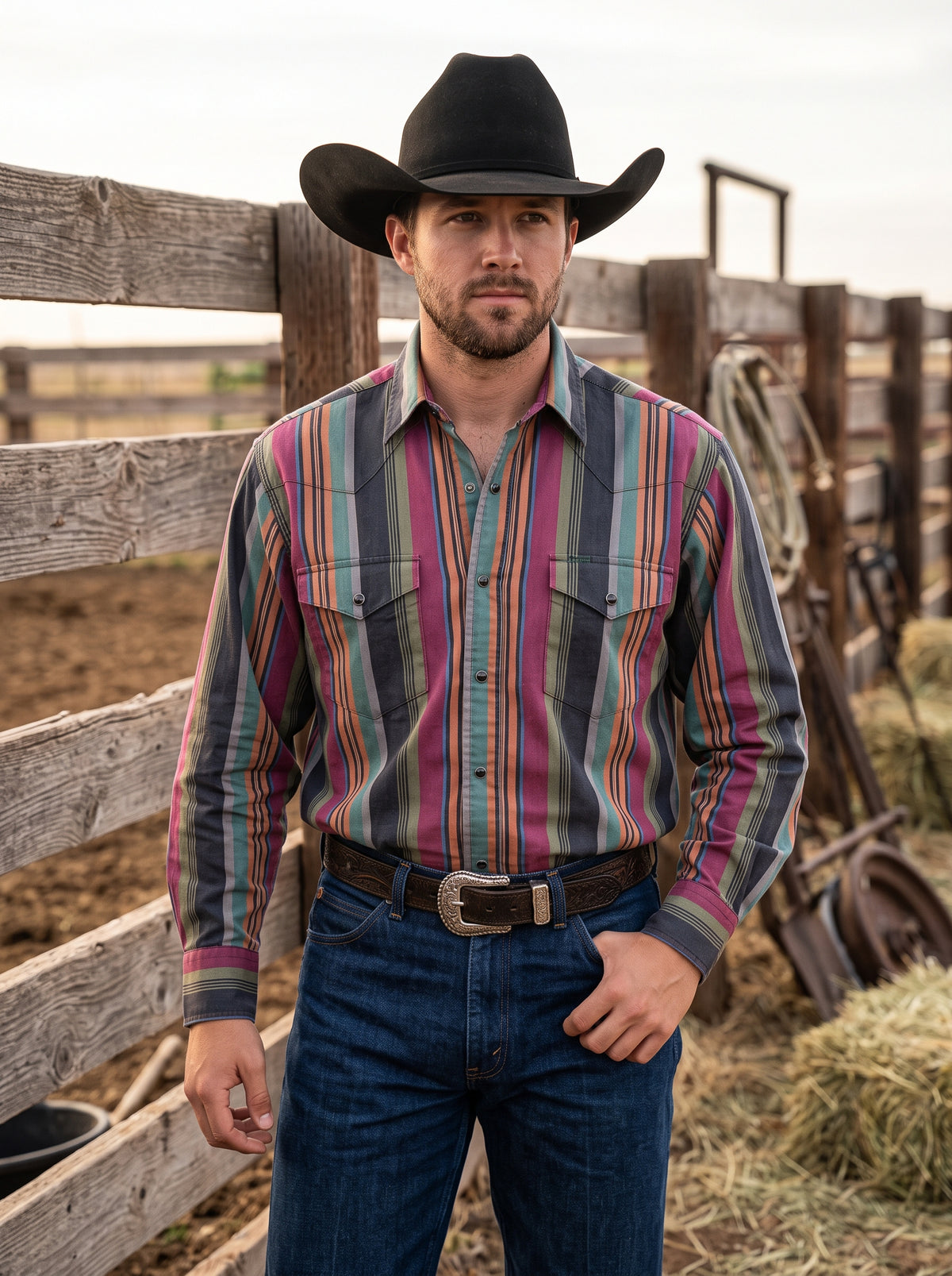 Men's Charcoal and Berry Striped Pearl Snap Western Shirt
