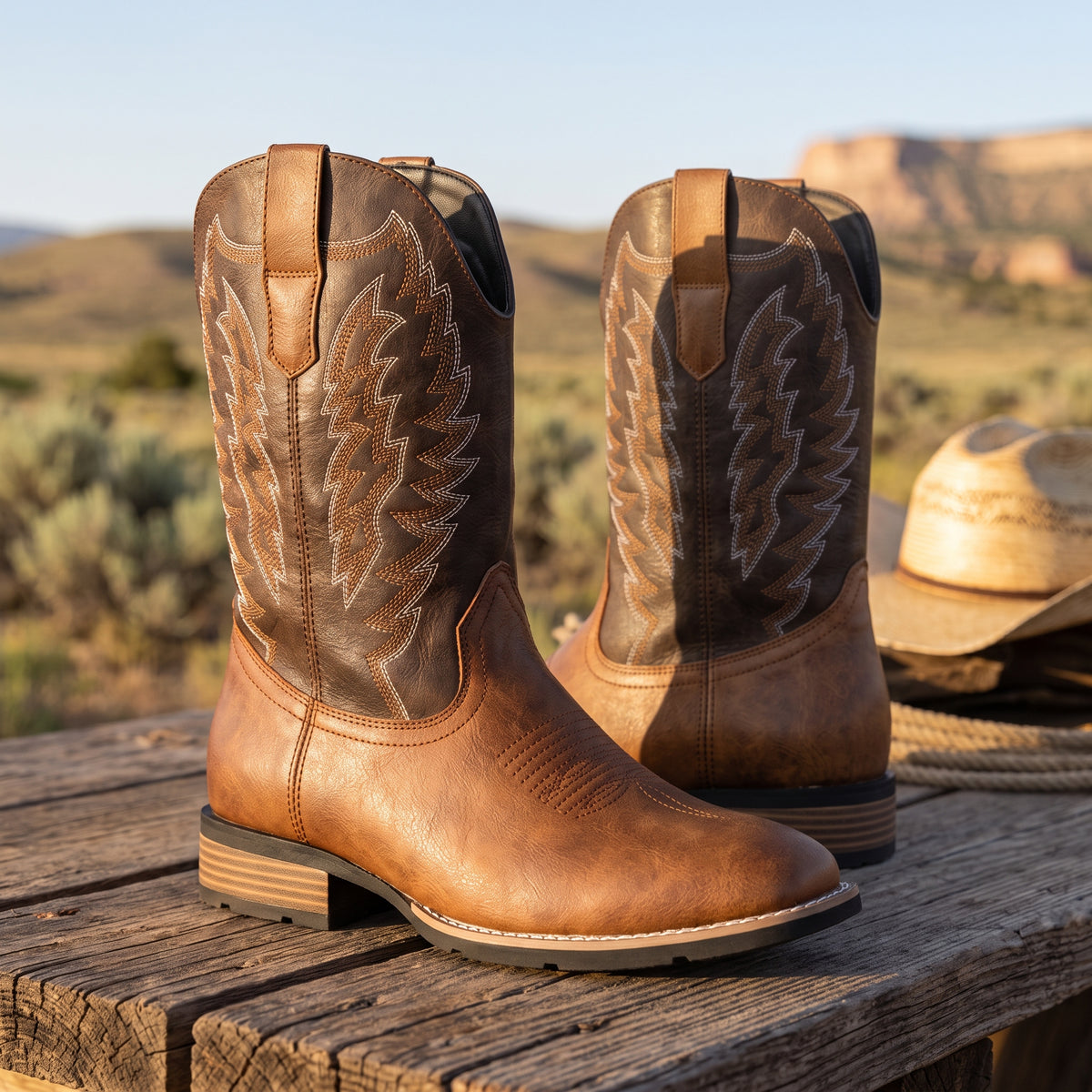 Two-Tone Tan & Brown Leather Square Toe Cowboy Boots