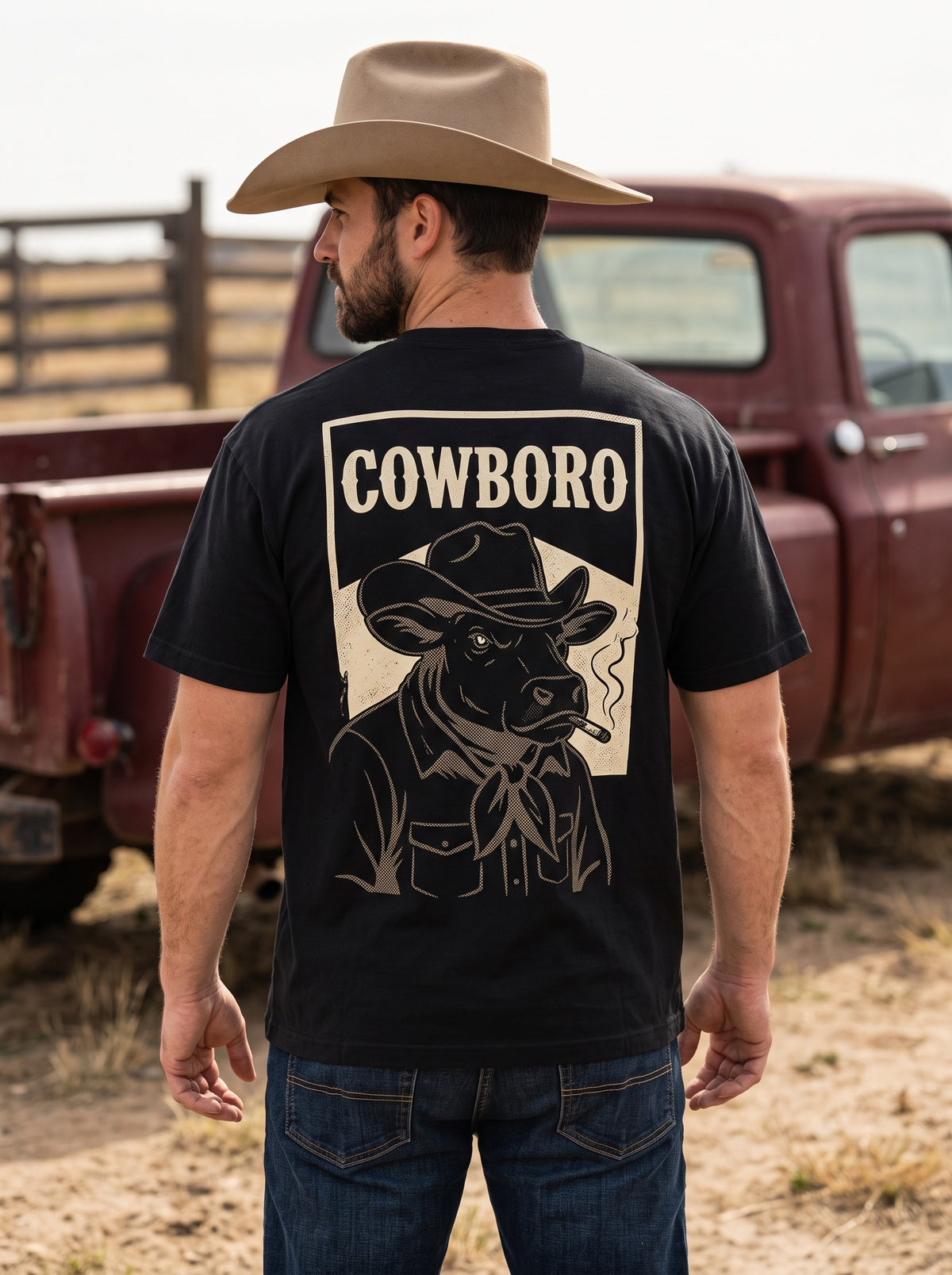 Men's Black Cowboro Cattle Graphic Western T-Shirt