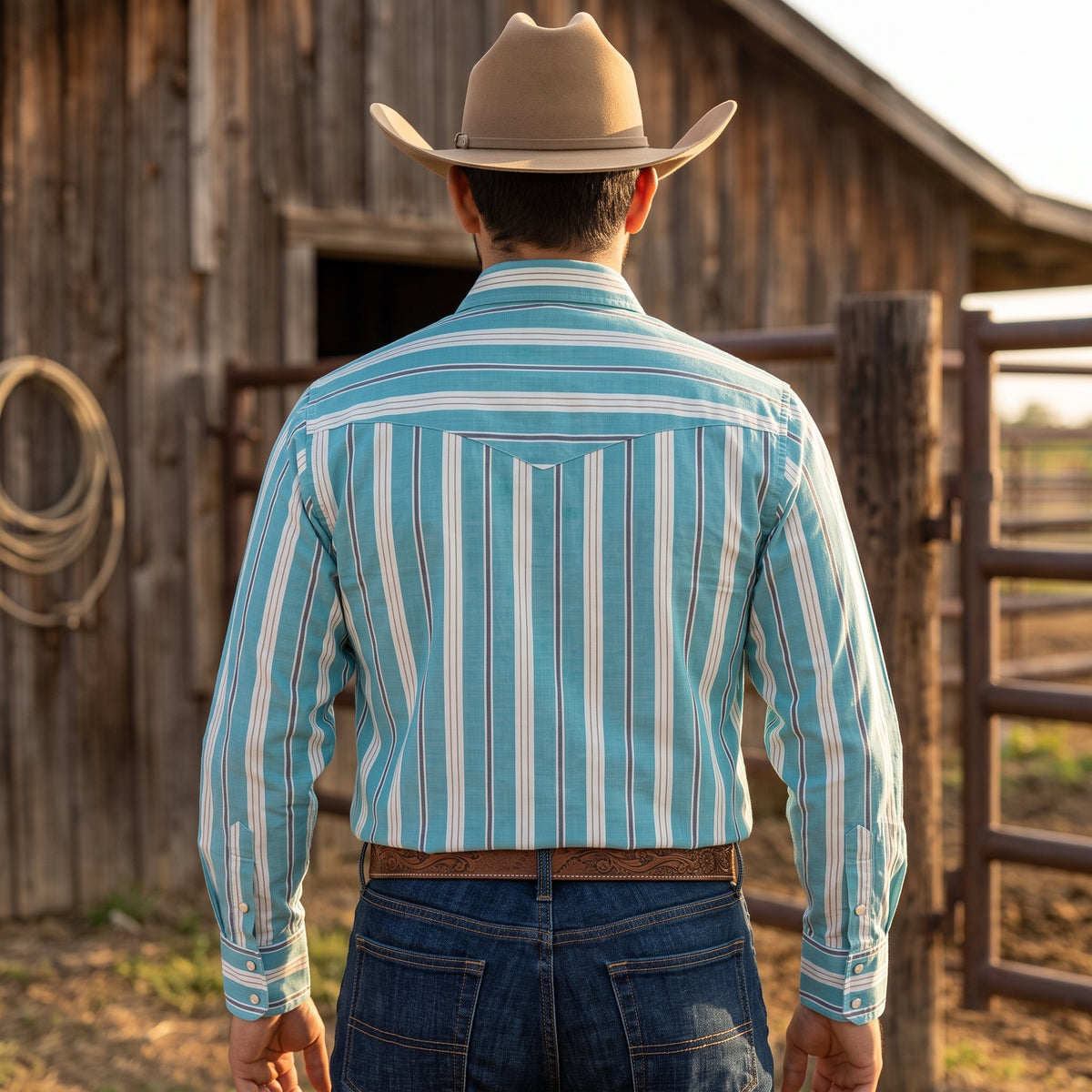 Men's Turquoise and White Striped Pearl Snap Western Shirt