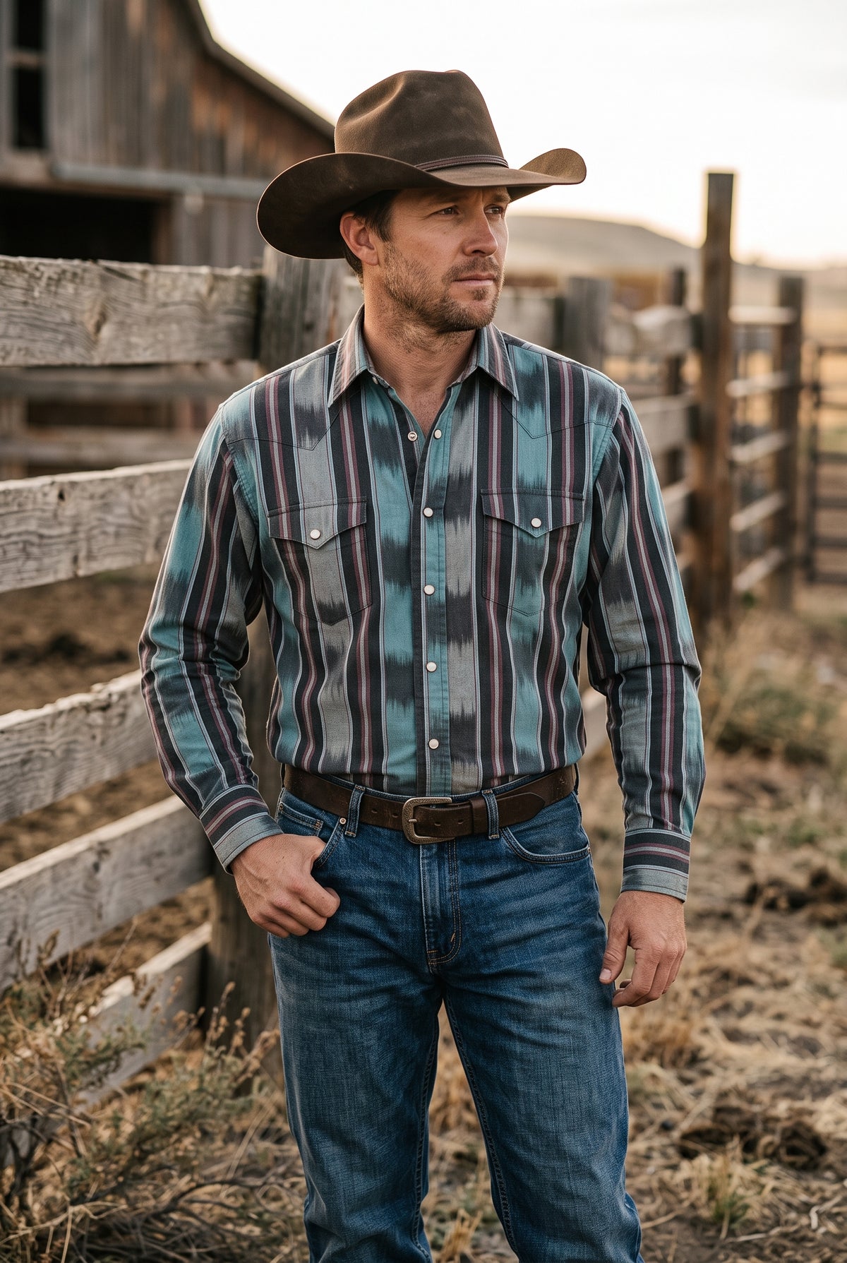 Men's Slate Teal Ikat Stripe Pearl Snap Western Shirt