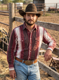 Men's Burgundy and Cream Striped Pearl Snap Western Shirt