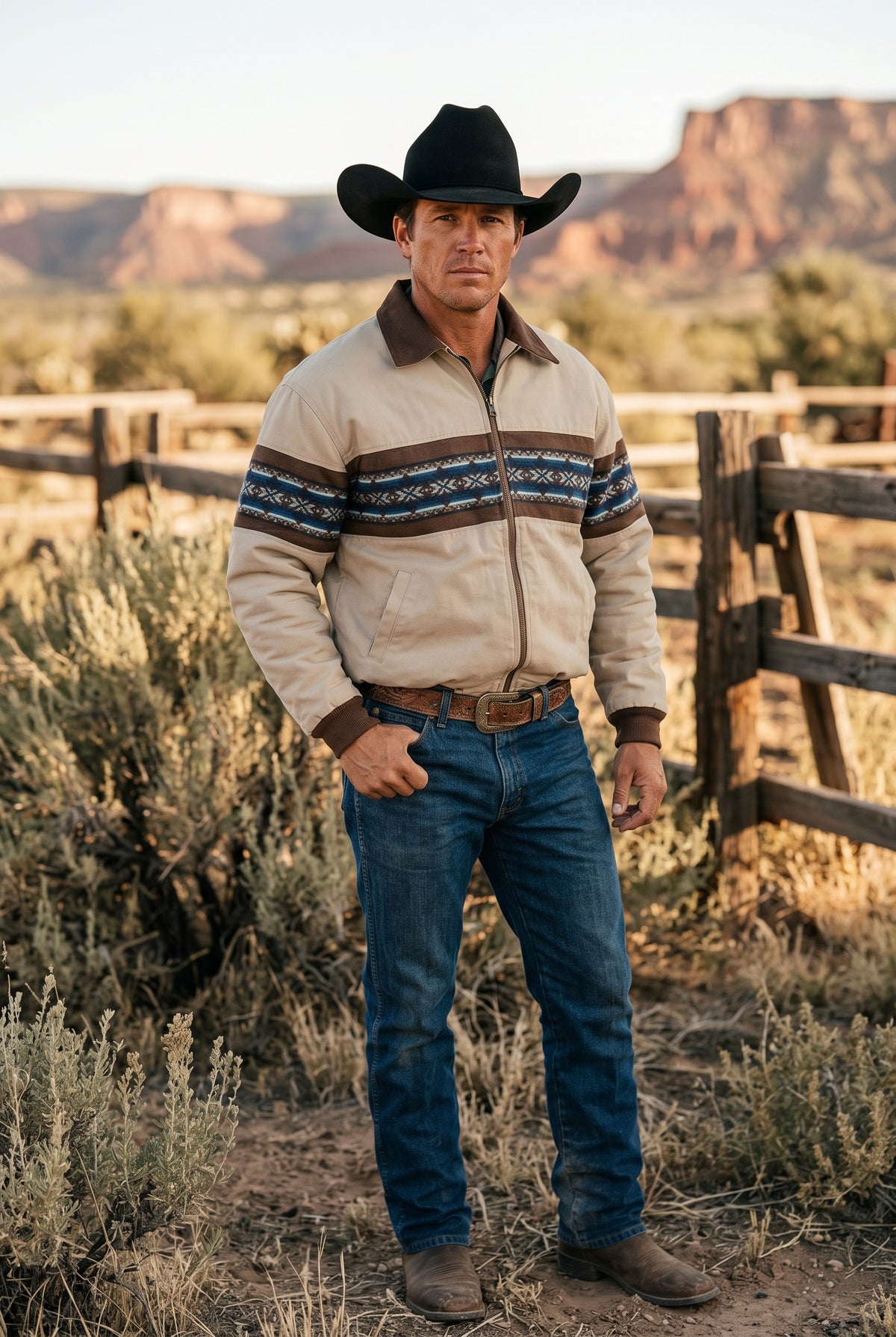 Men's Tan Southwest Geometric Banded Bomber Jacket
