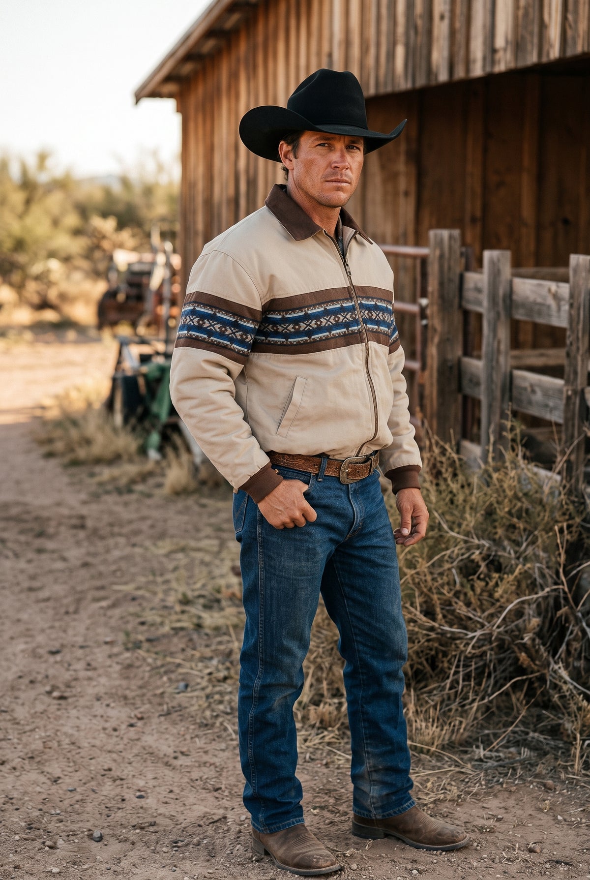 Men's Tan Southwest Geometric Banded Bomber Jacket