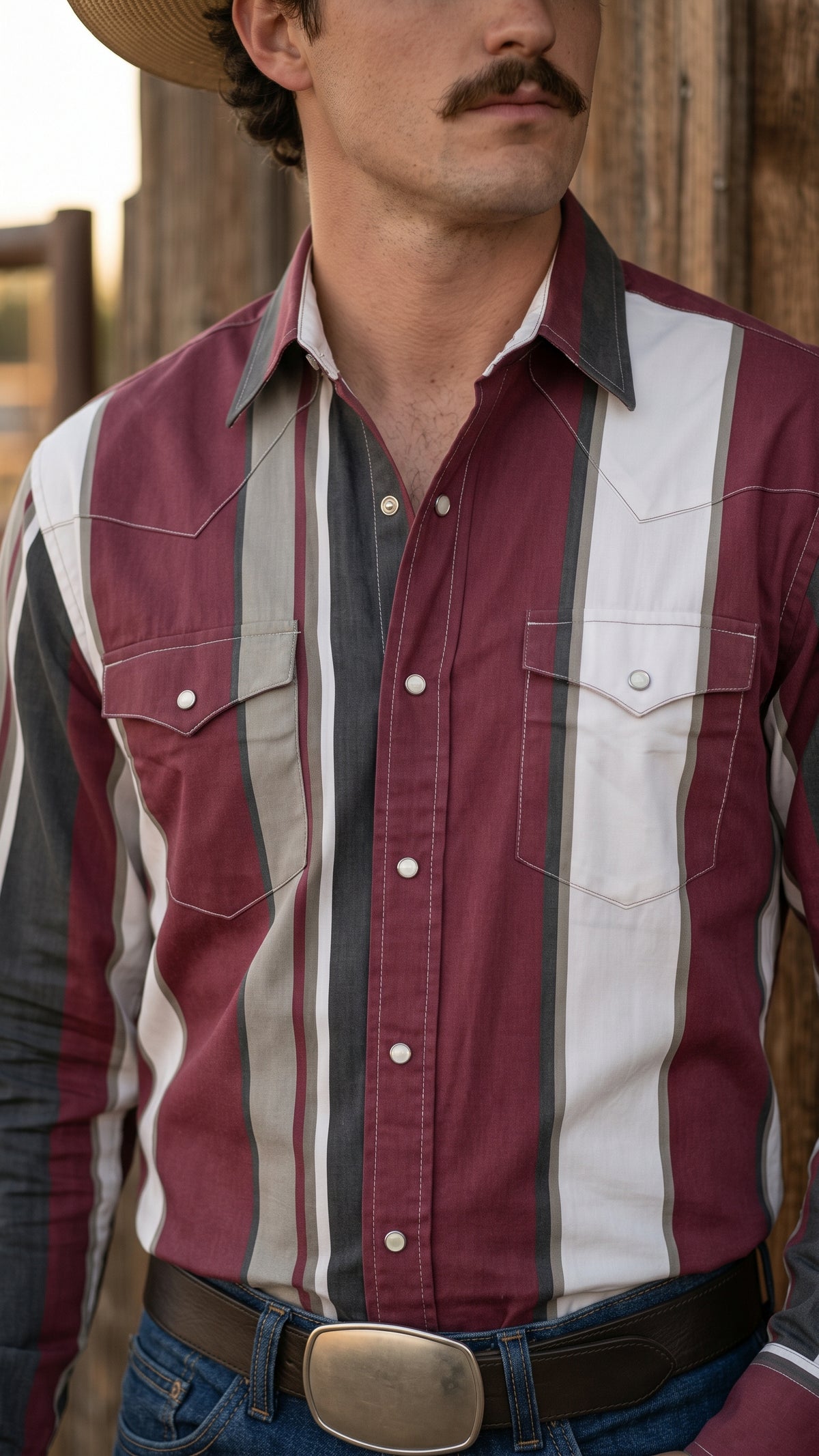 Men's Burgundy Striped Pearl Snap Western Shirt