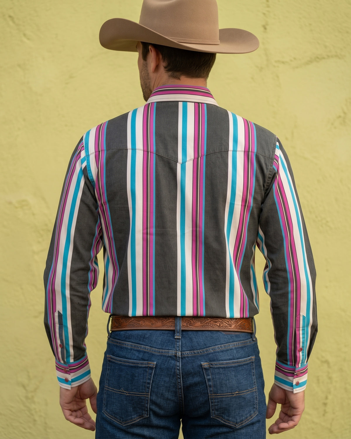 Men's Charcoal and Orchid Striped Pearl Snap Western Shirt