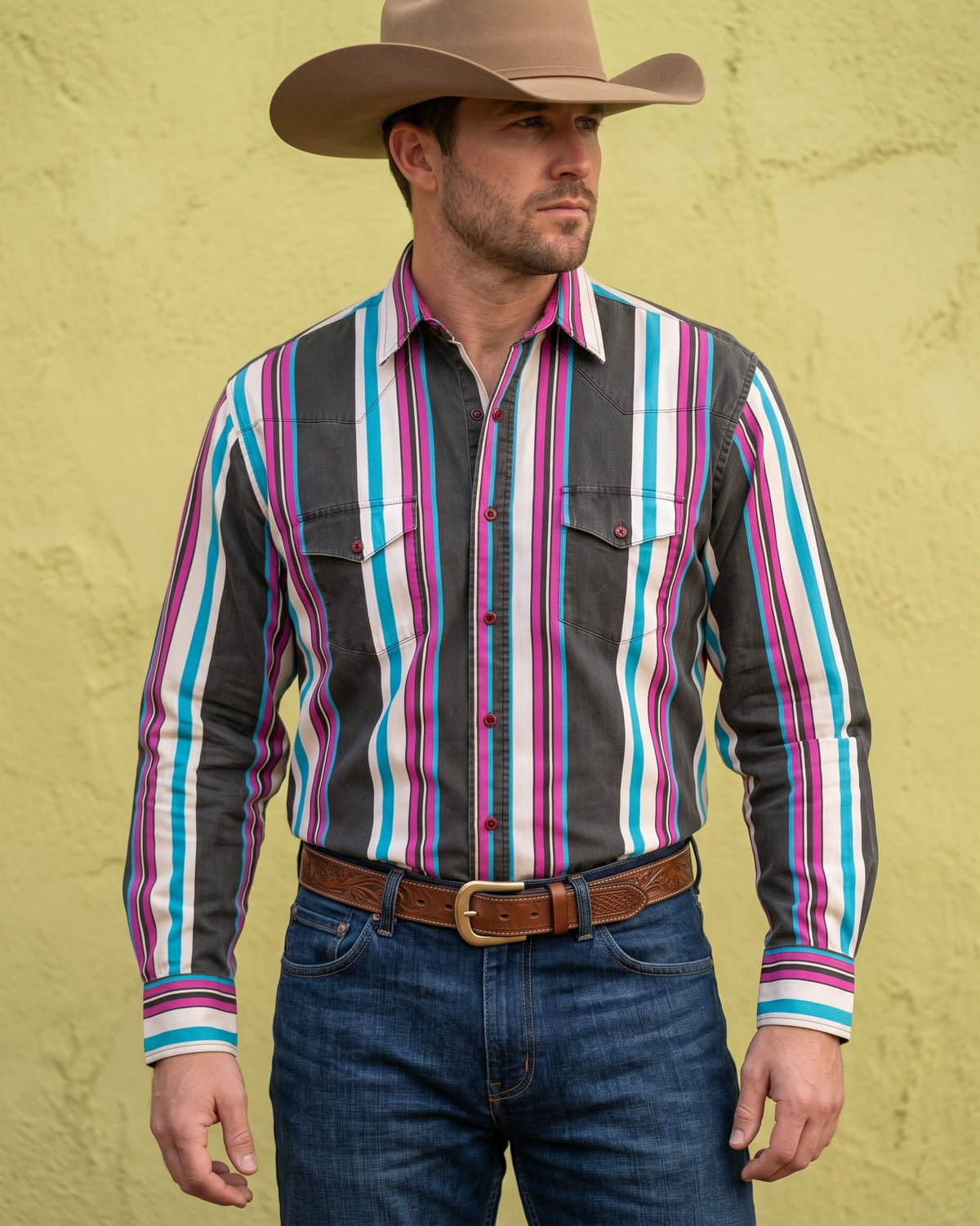 Men's Charcoal and Orchid Striped Pearl Snap Western Shirt