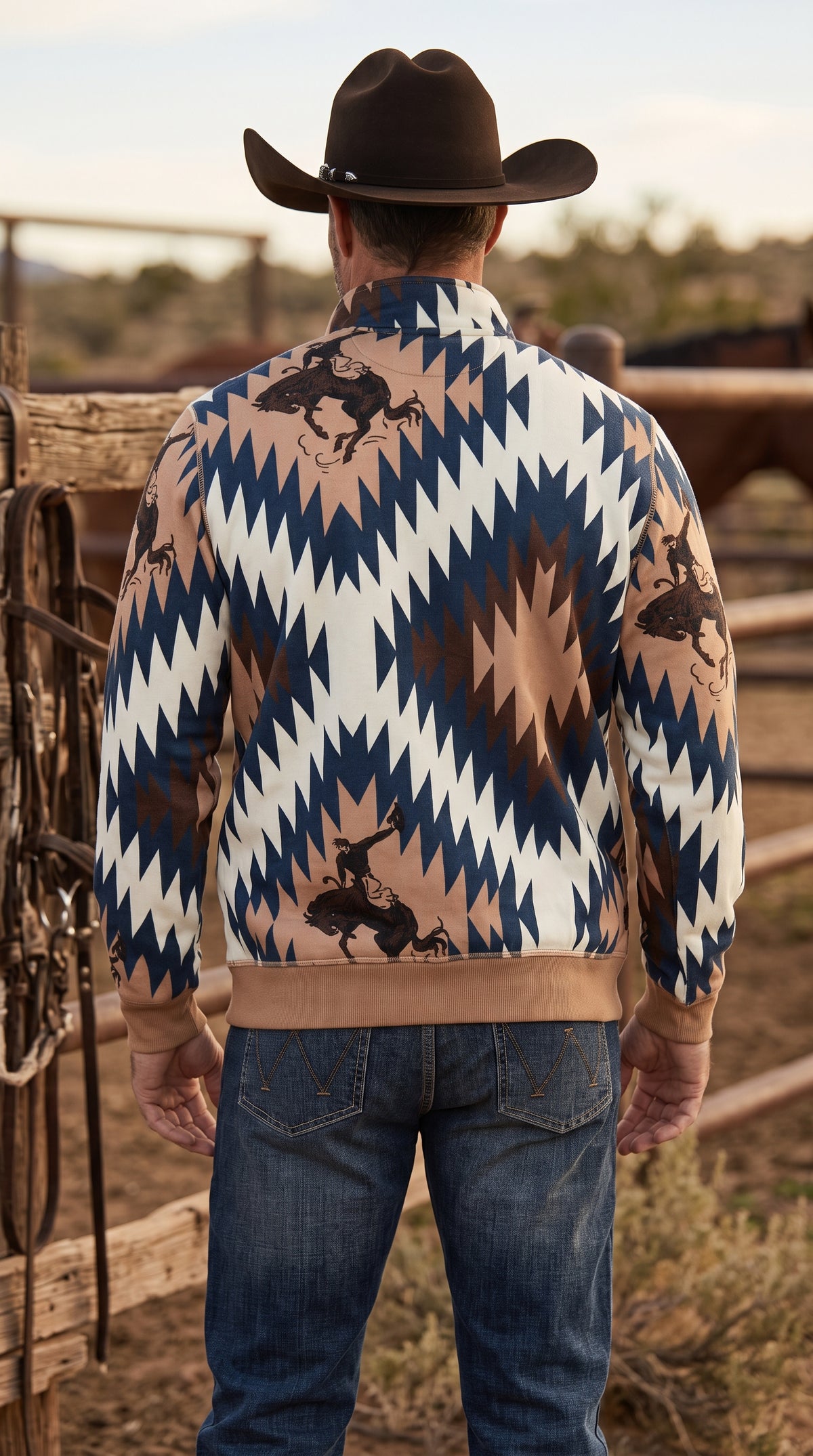 Men's Tan Southwest Geometric Bronco Quarter-Zip
