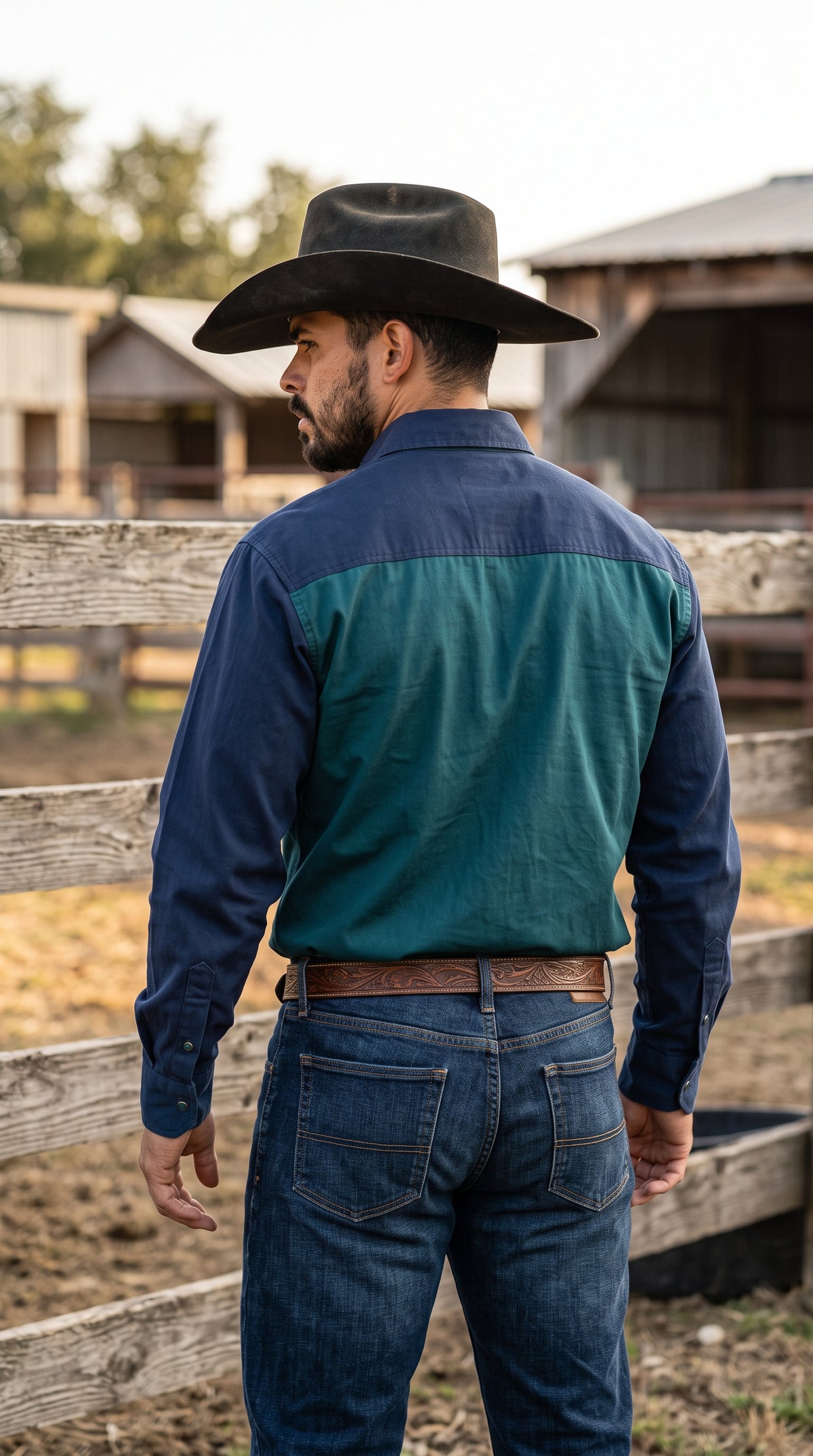 Men's Green Navy Colorblock Pearl Snap Western Shirt
