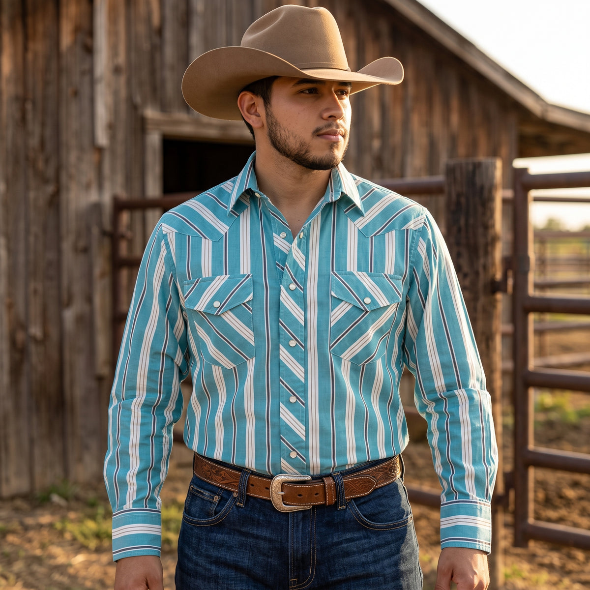 Men's Turquoise and White Striped Pearl Snap Western Shirt
