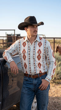 Men's Cream Rust Southwestern Geometric Pearl Snap Western Shirt
