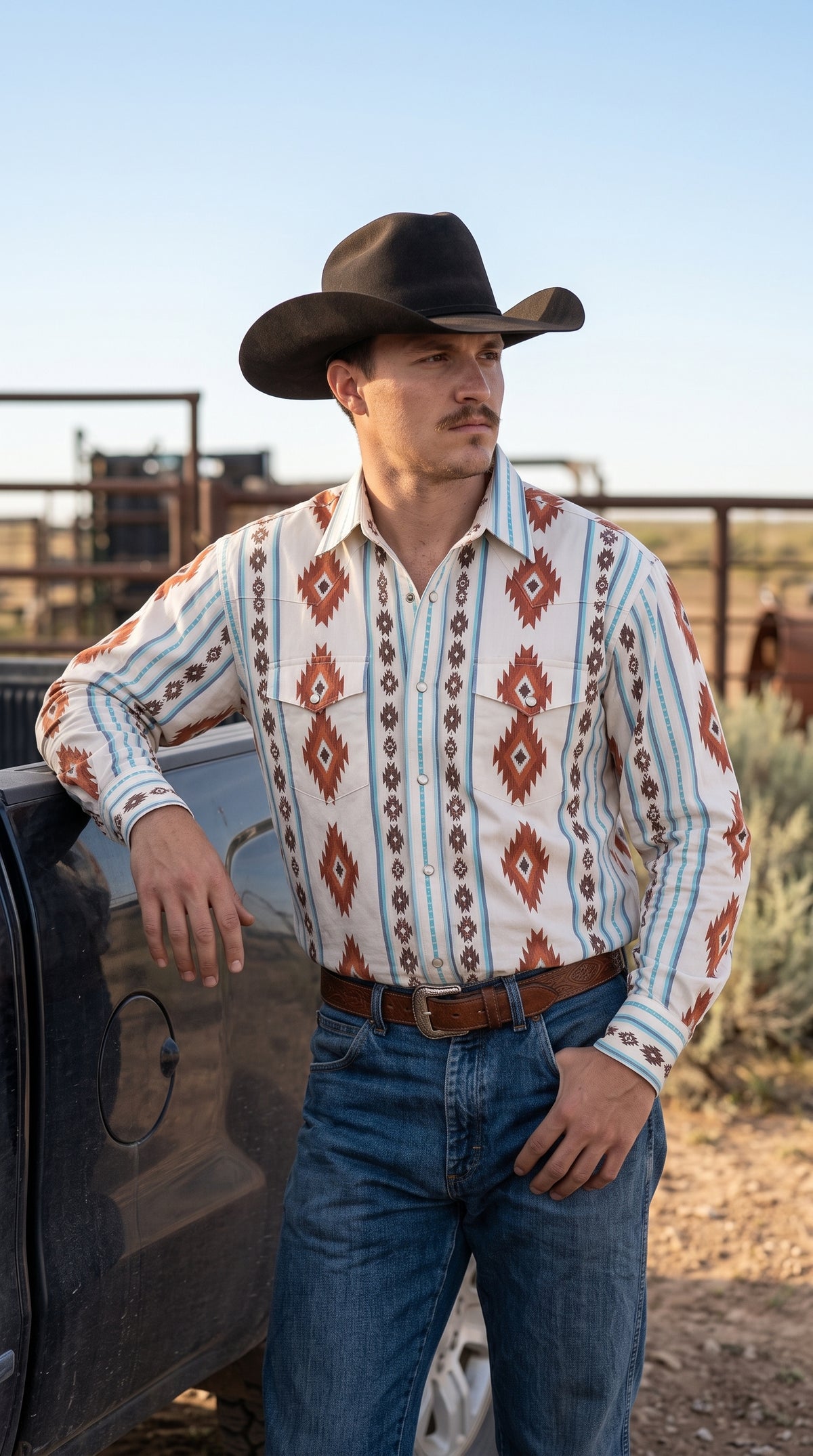 Men's Cream Rust Southwestern Geometric Pearl Snap Western Shirt