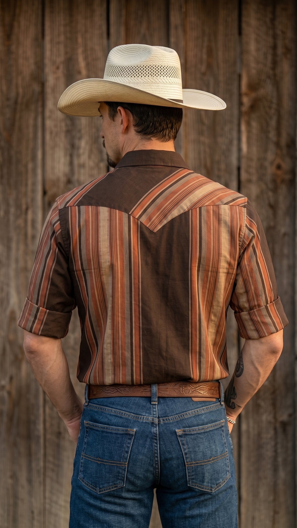 Back view of men's brown striped western shirt highlighting the center-point back yoke with diagonal rust stripe detailing