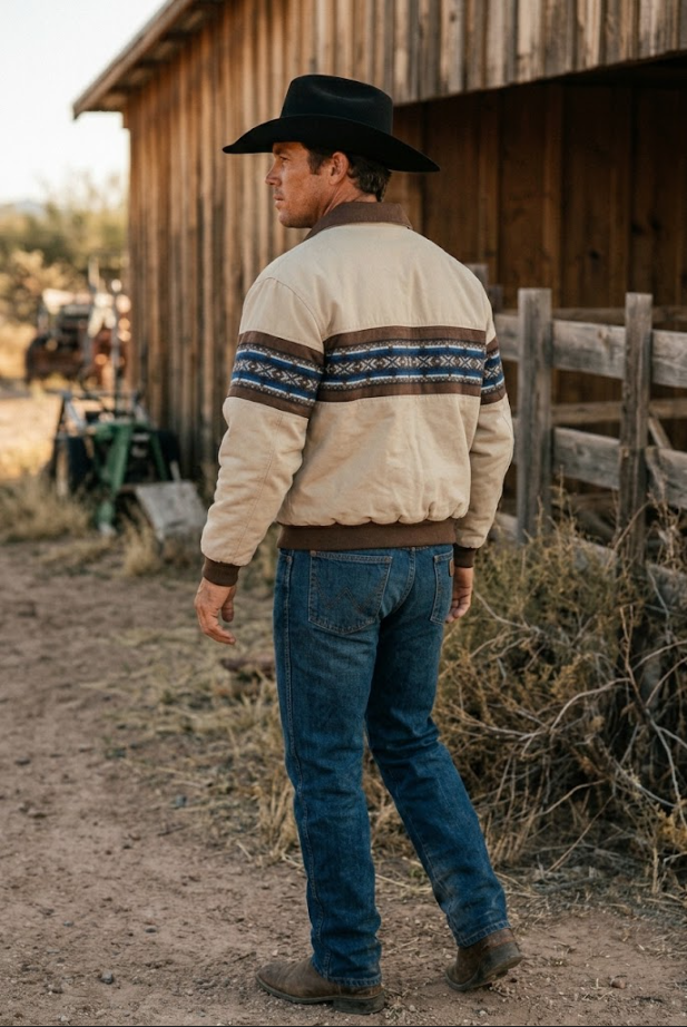 Men's Tan Southwest Geometric Banded Bomber Jacket