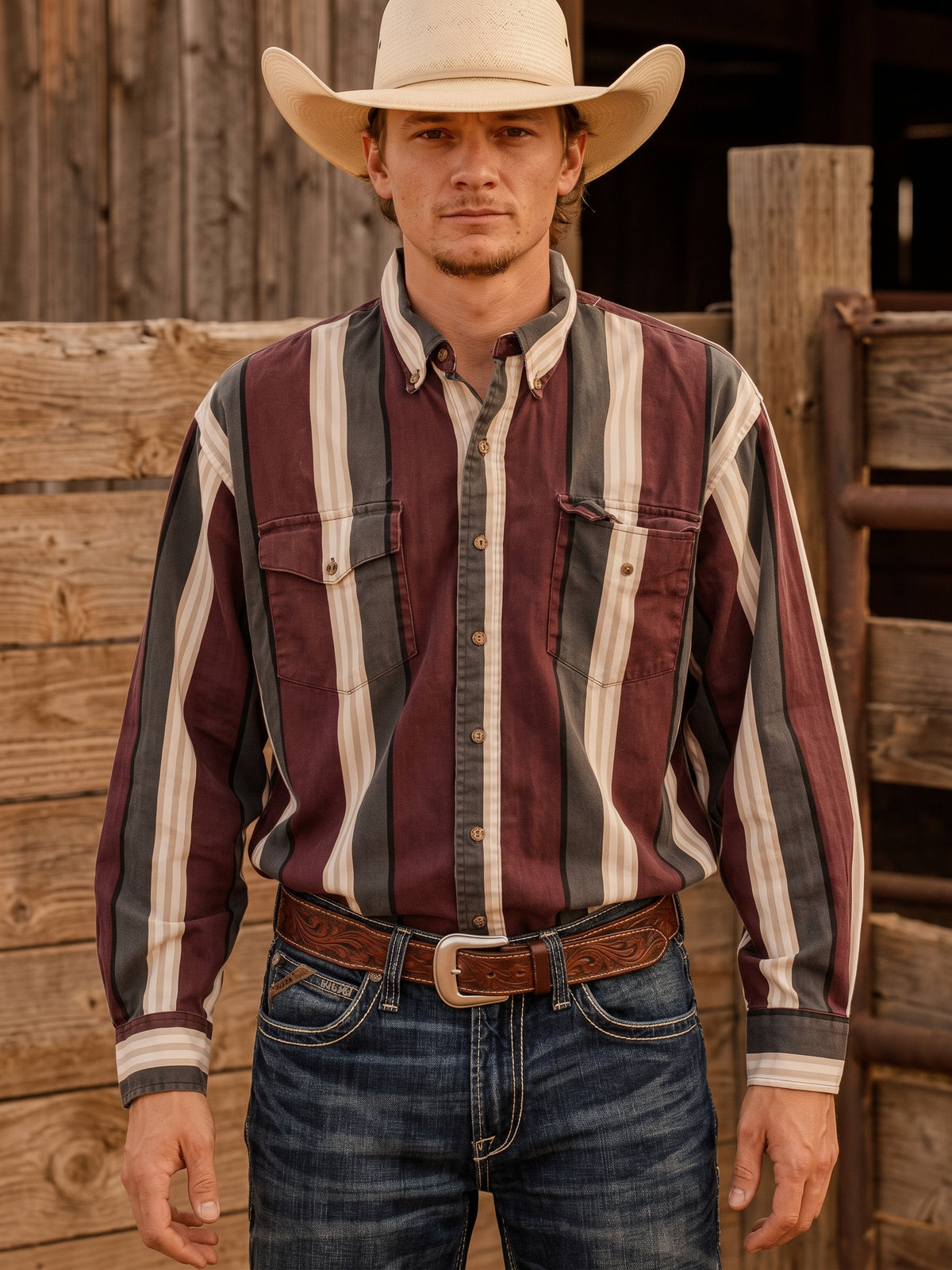 Front view of man wearing Pecos Western burgundy and slate vertical striped pearl snap shirt by ranch corral