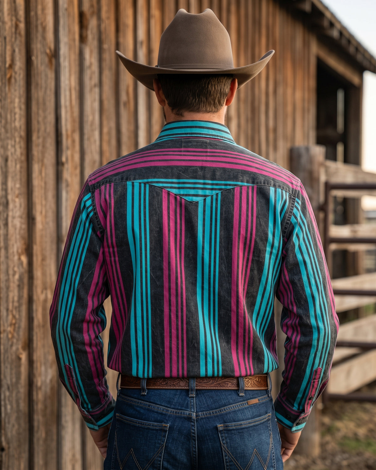 Rear view of men's black and neon striped Western shirt showing horizontal shoulder stripes and pointed back yoke