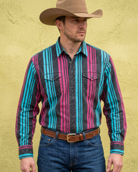 Men's Black and Neon Striped Pearl Snap Western Shirt