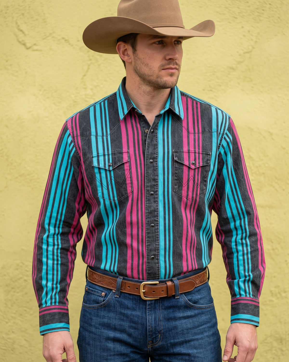 Men's black and neon striped pearl snap Western shirt with dual flap pockets front view