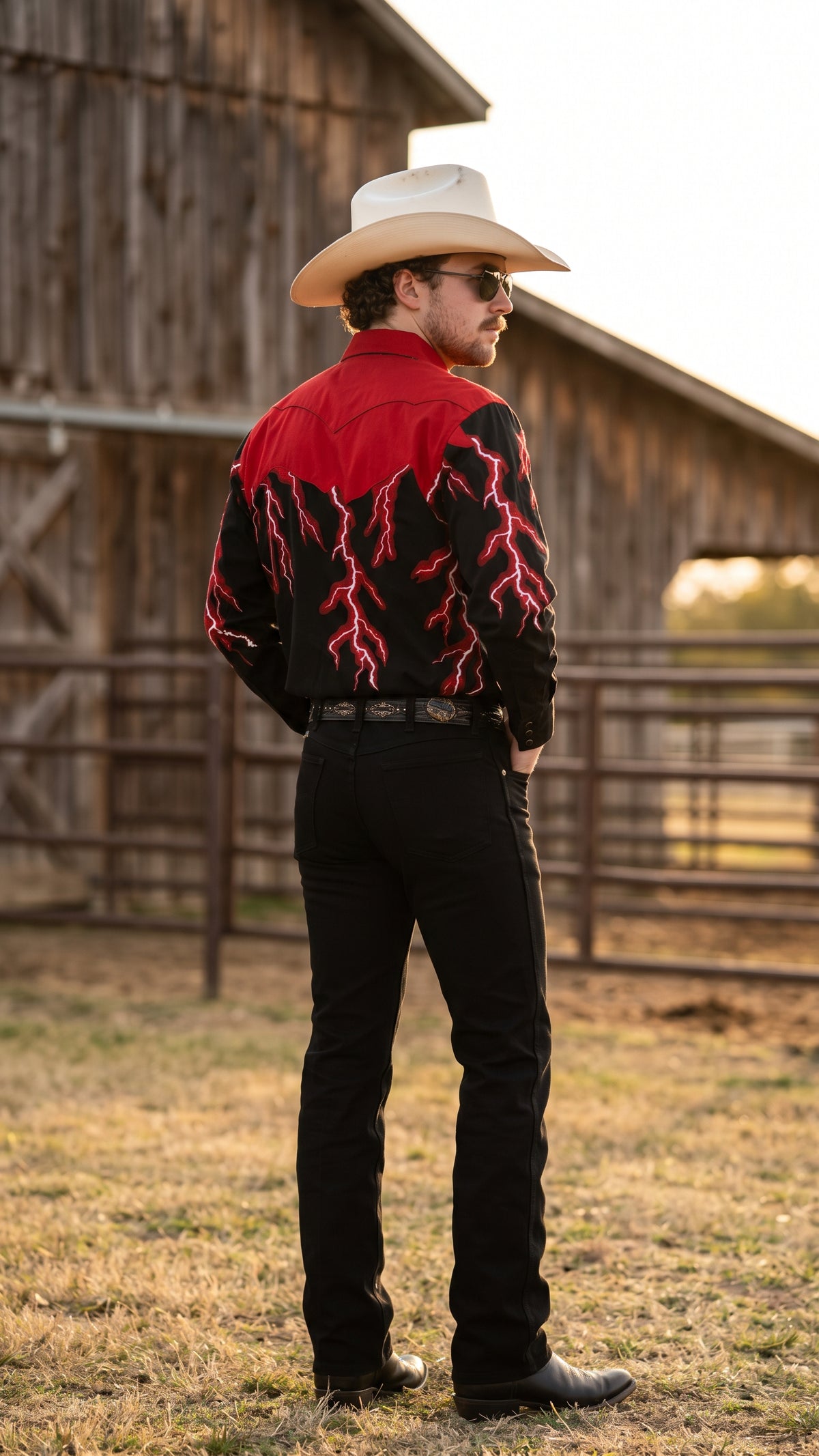 Back view of men's western shirt showing red yoke and lightning pattern