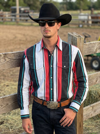 Men's Black and Red Striped Western Shirt