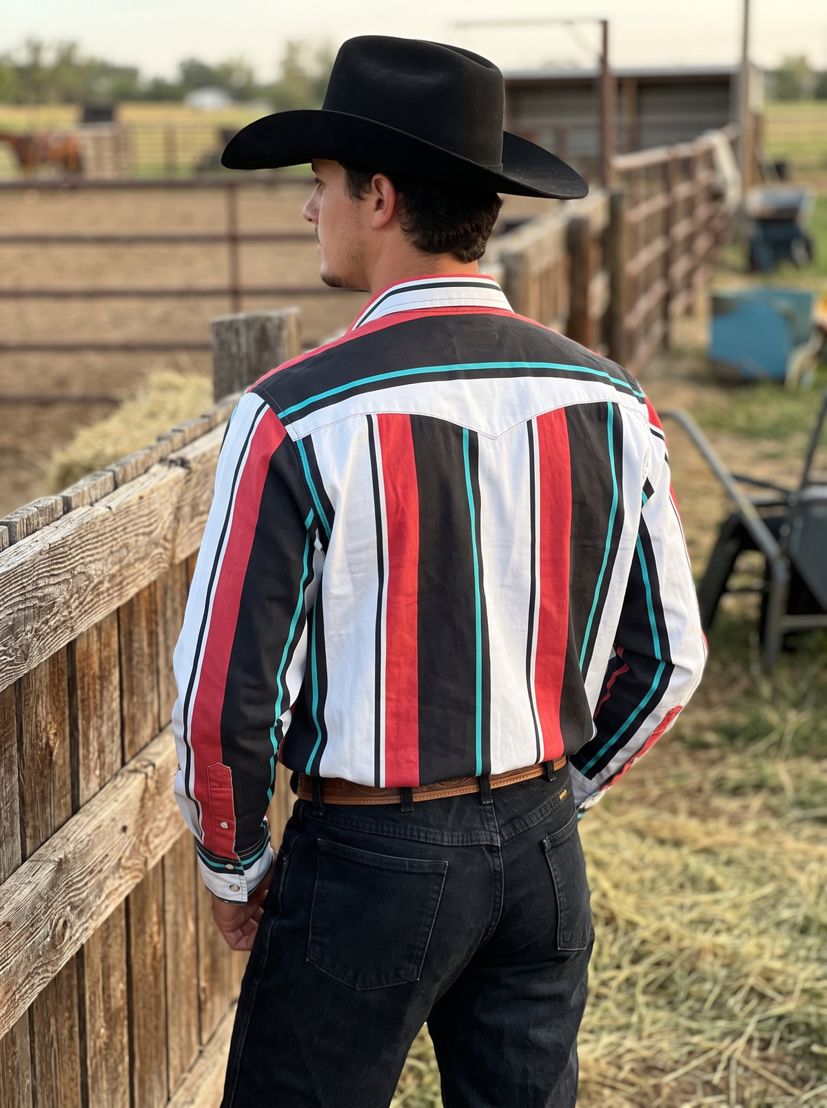 Single-point back yoke on men's black and red striped western shirt