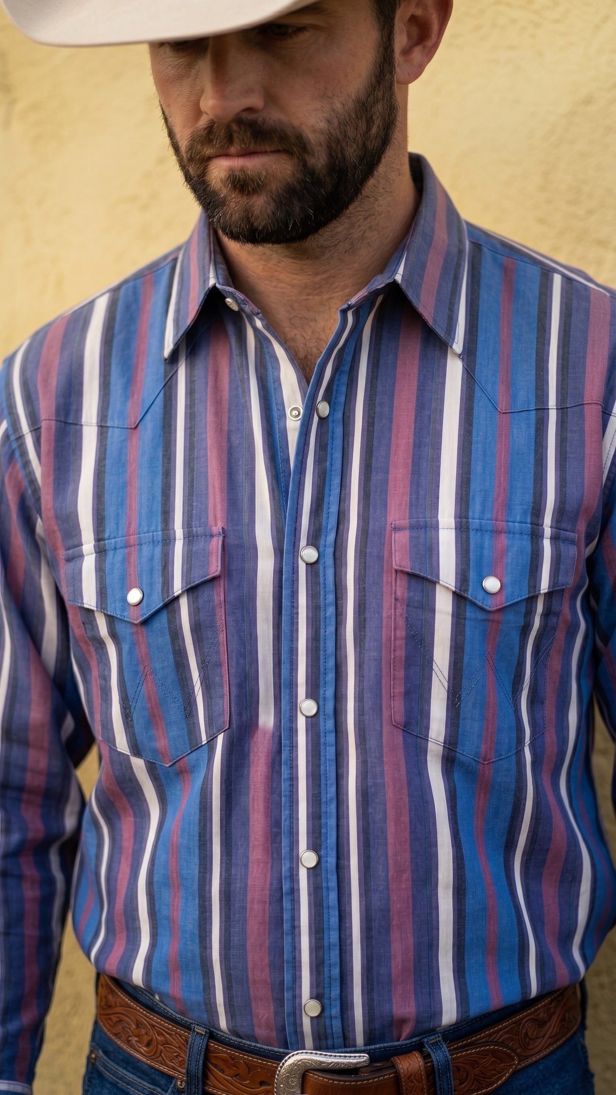 Full standing shot of man wearing a blue multi-stripe pearl snap shirt with denim and a cowboy hat