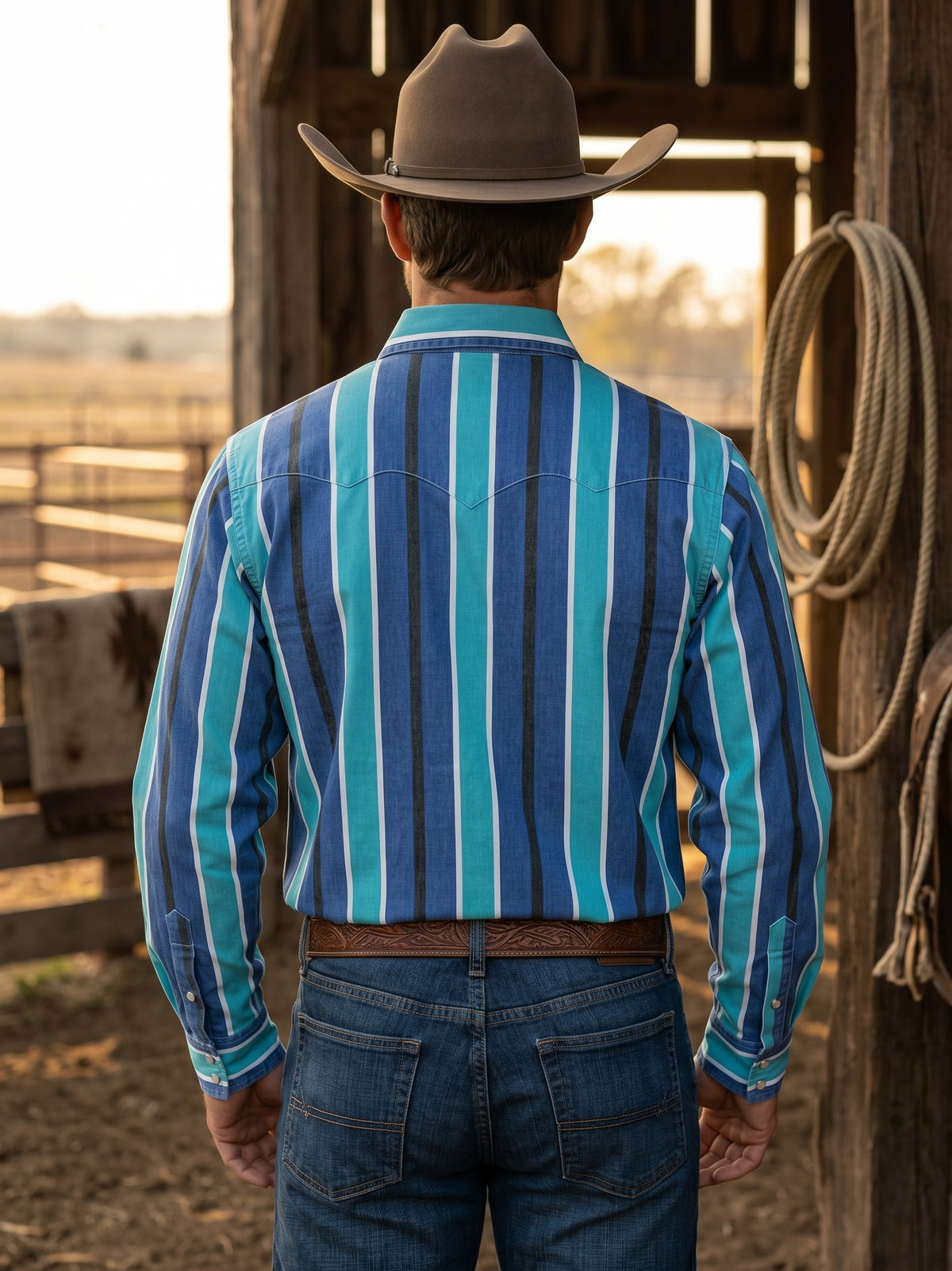 Rear view of man wearing Pecos Western blue and turquoise vertical striped Western shirt highlighting the single-point back yoke
