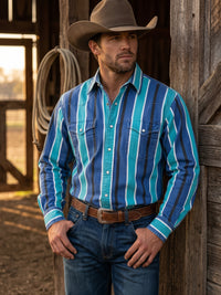 Men's Blue Turquoise Striped Pearl Snap Western Shirt