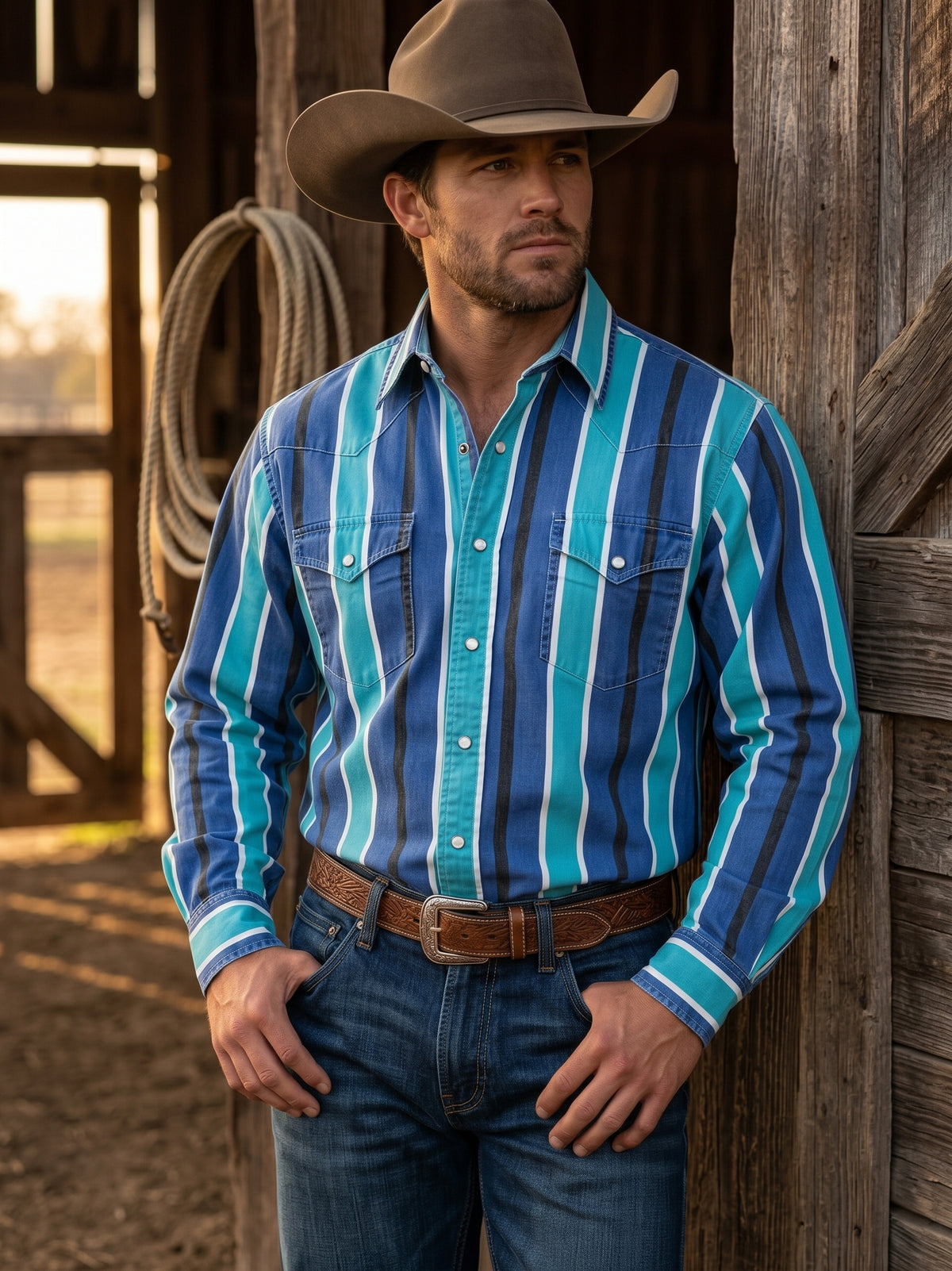 Front view of a cowboy wearing Pecos Western blue and turquoise striped pearl snap shirt leaning against barn wood