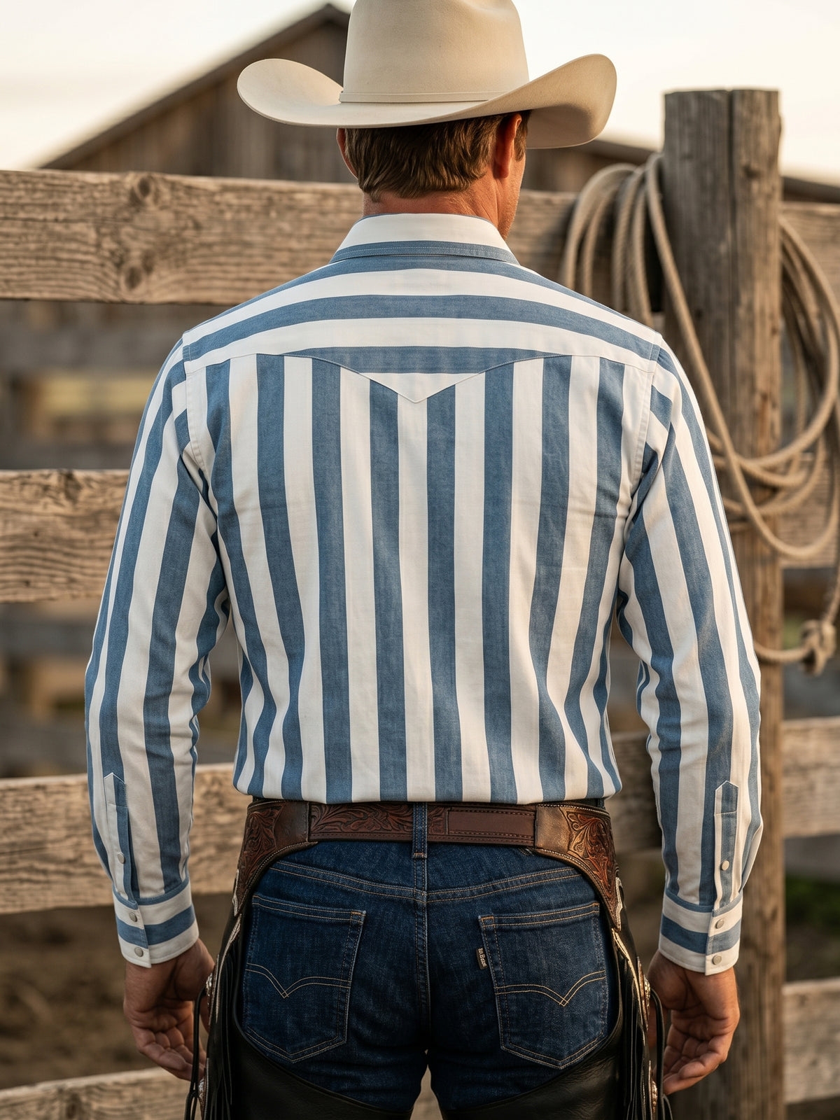 Back view of men's blue and white striped western shirt showing single-point yoke with horizontal stripe design