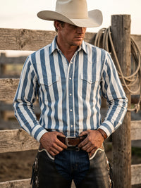Men's Blue White Striped Pearl Snap Western Shirt