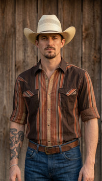 Men's Brown Rust Striped Pearl Snap Western Shirt