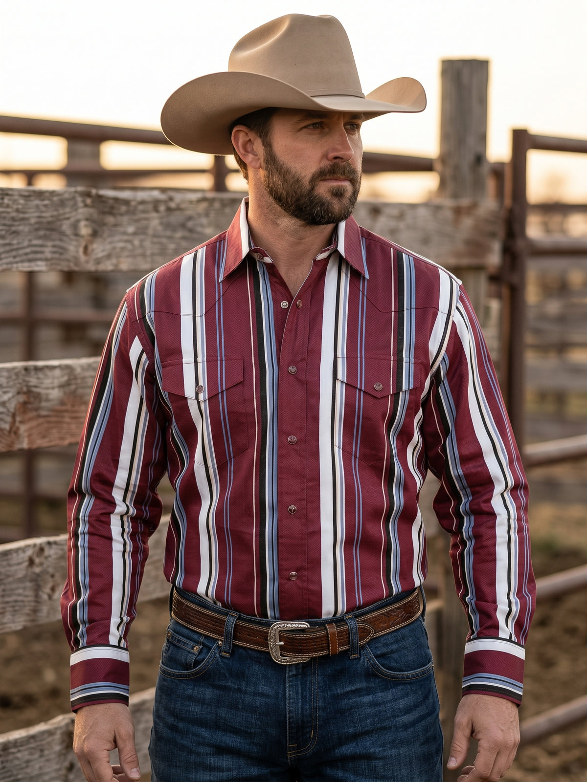 Front view of cowboy wearing Pecos Western burgundy and blue striped pearl snap shirt by ranch corral fence
