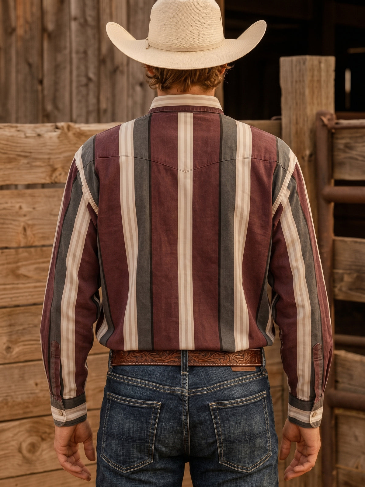 Rear view of cowboy wearing Pecos Western burgundy and slate grey striped Western shirt showing the single-point back yoke