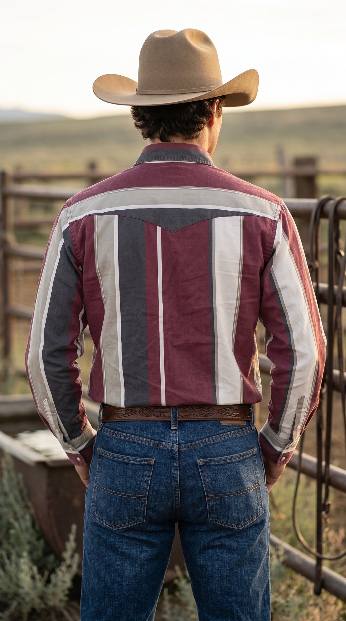Back view of men's burgundy striped western shirt showing pointed western yoke and pearl snap cuffs