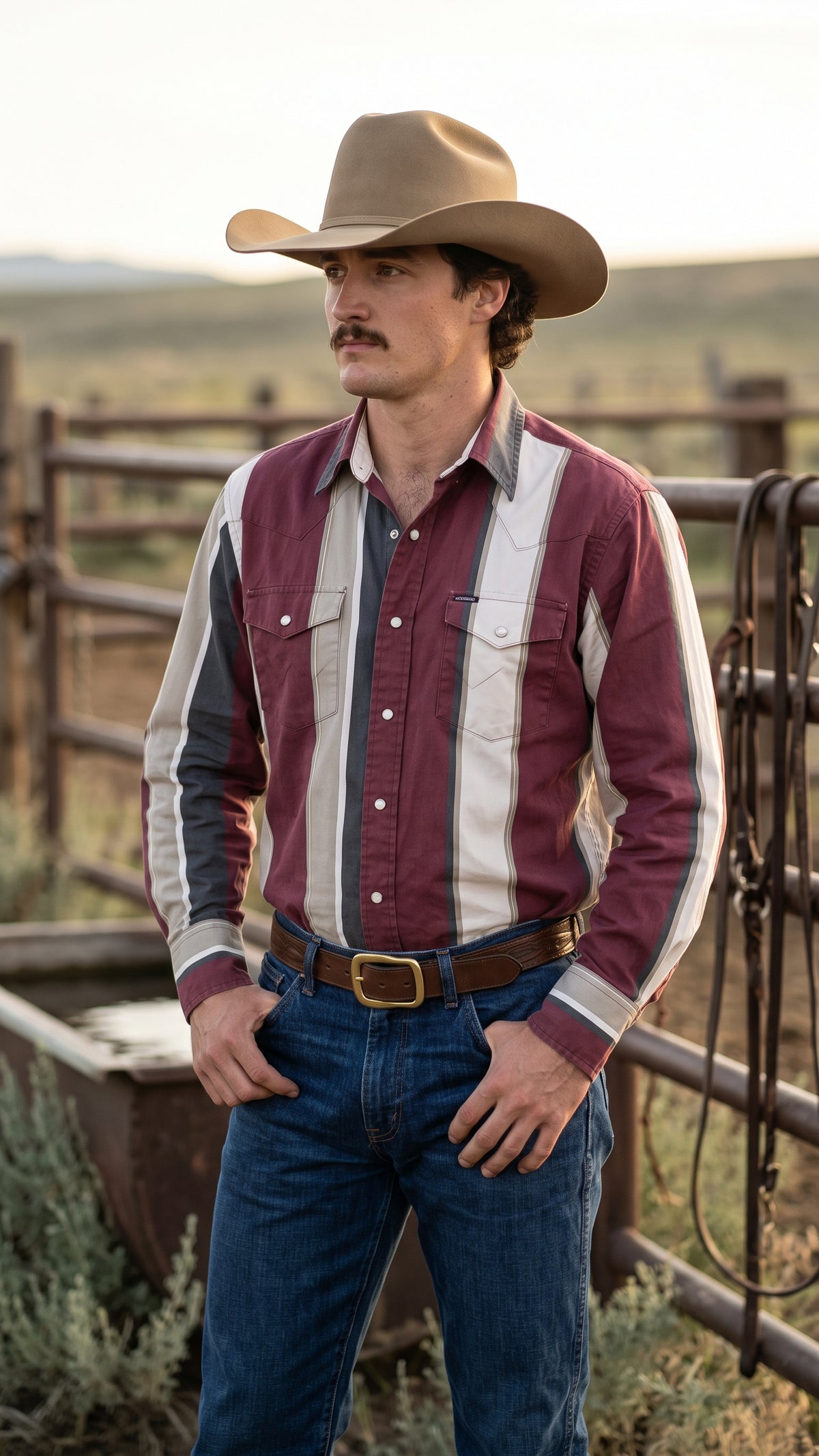 Men's burgundy and slate striped pearl snap western shirt front view tucked into blue jeans