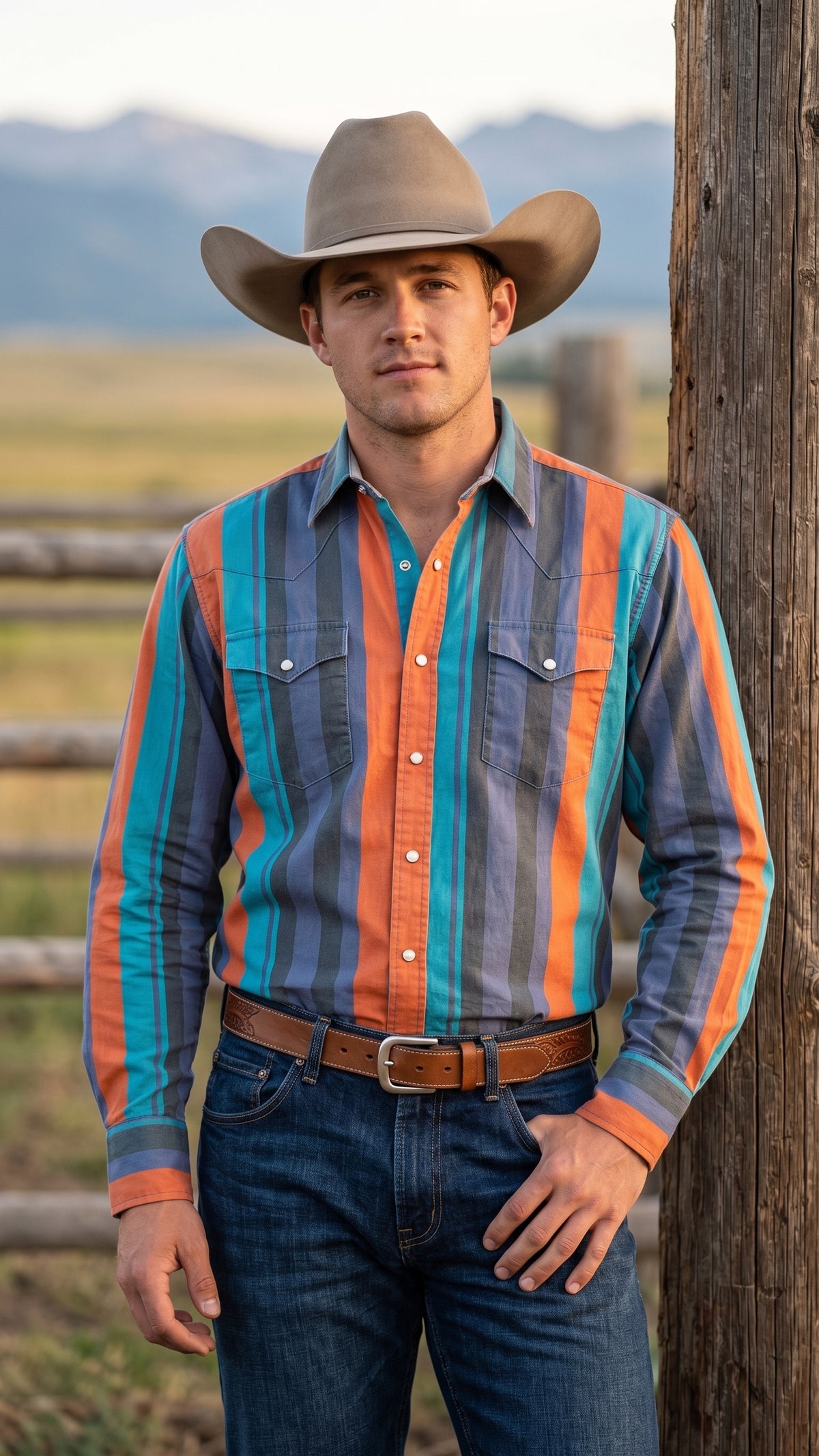 Front view of men's striped cotton Western shirt with white pearl snaps and brown cowboy hat